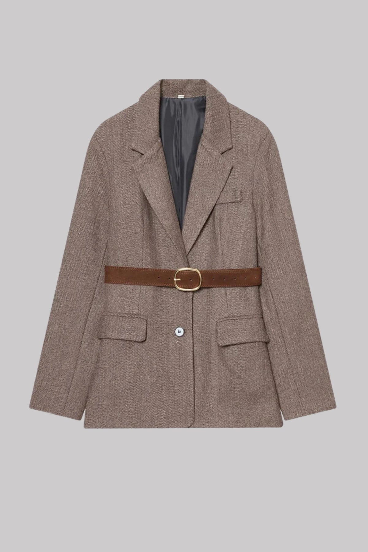 Belted Tweed Style Structured Blazer Jacket Women