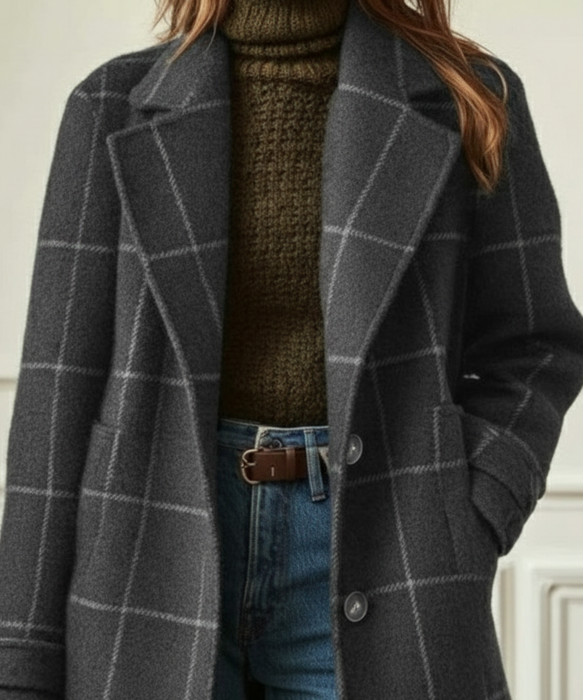 Check Print Tailored Wool Style Coat Women