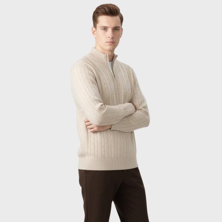 Men's Neutral Textured Quarter Zip Cable Knit Embroidery Jumper