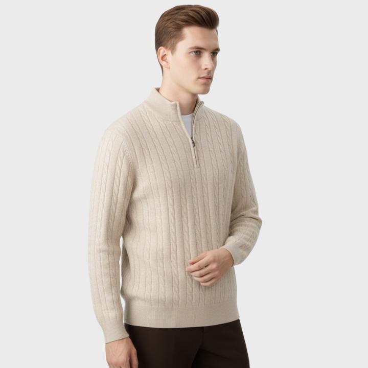 Men's Neutral Textured Quarter Zip Cable Knit Embroidery Jumper