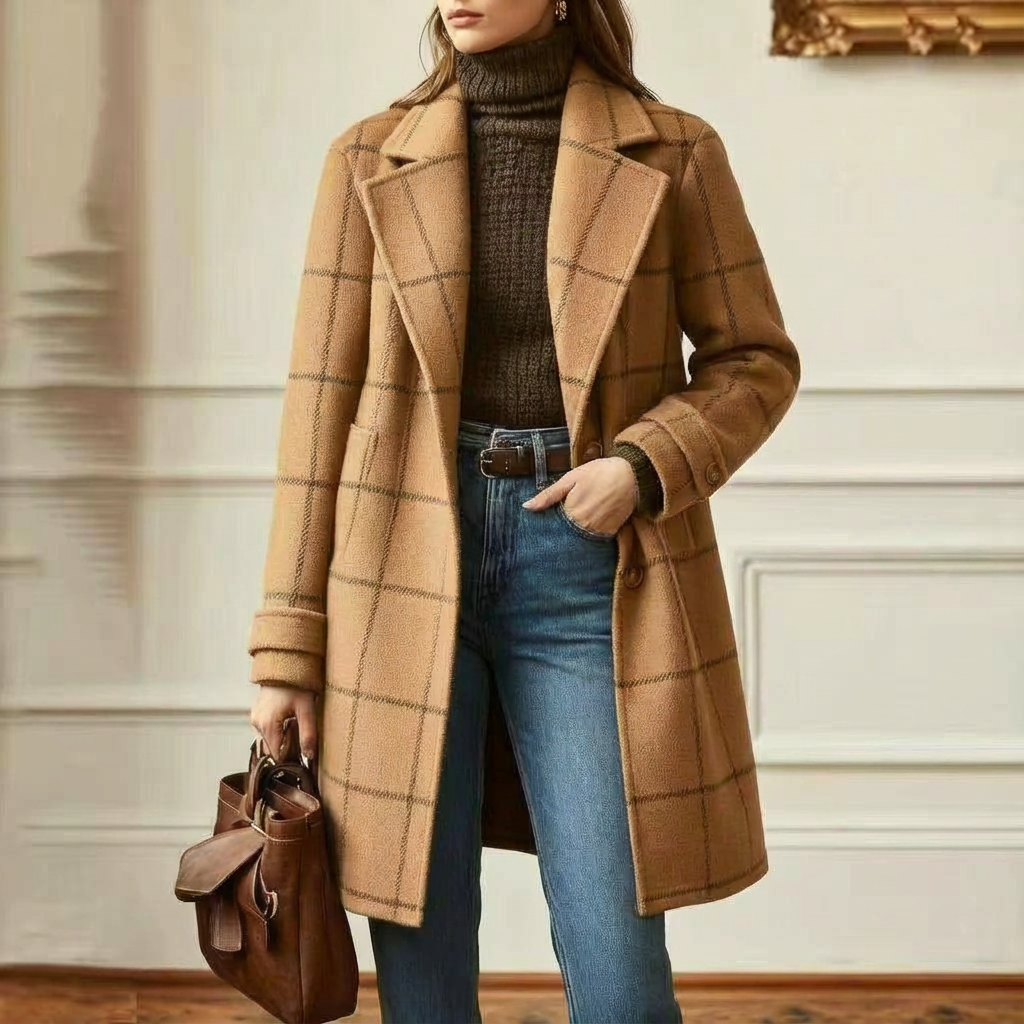Check Print Tailored Wool Style Coat Women
