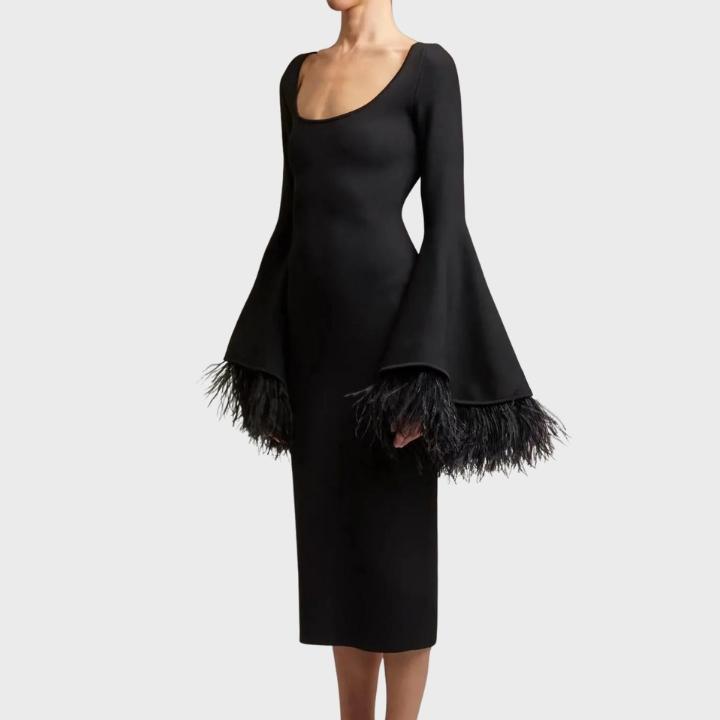 Women's Black Long Sleeve Feather Trim Pencil Dress