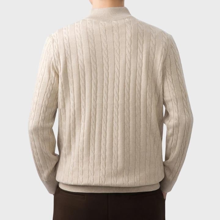 Men's Neutral Textured Quarter Zip Cable Knit Embroidery Jumper