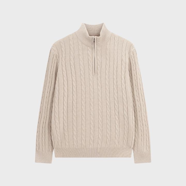Men's Neutral Textured Quarter Zip Cable Knit Embroidery Jumper