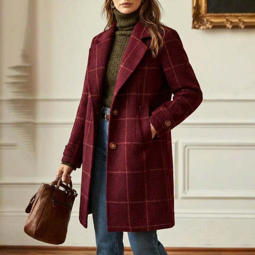 Check Print Tailored Wool Style Coat Women