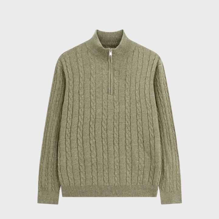 Men's Neutral Textured Quarter Zip Cable Knit Embroidery Jumper