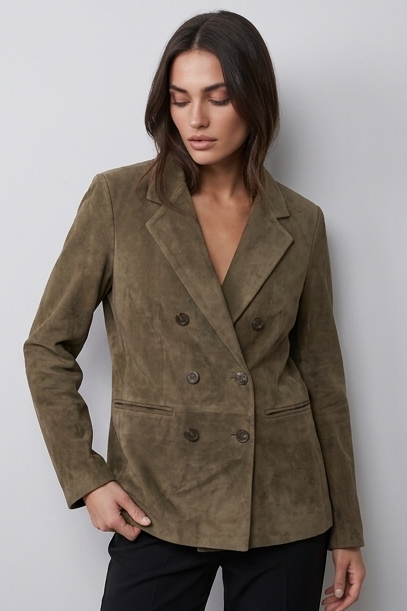Women’s Khaki Double-Breasted Casual Blazer Jacket