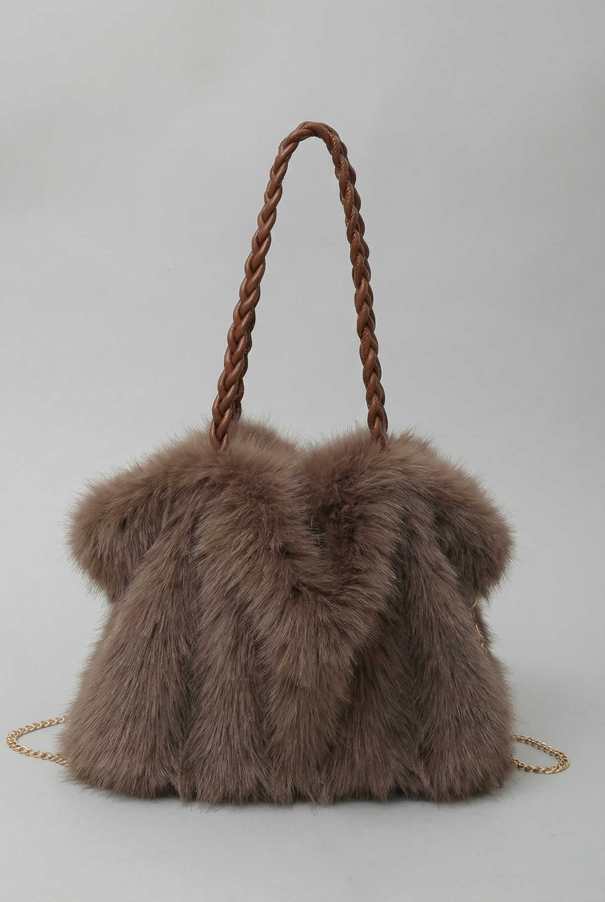 Women’s Plush Velvet Faux Fur Shoulder Bag with Braided Handle