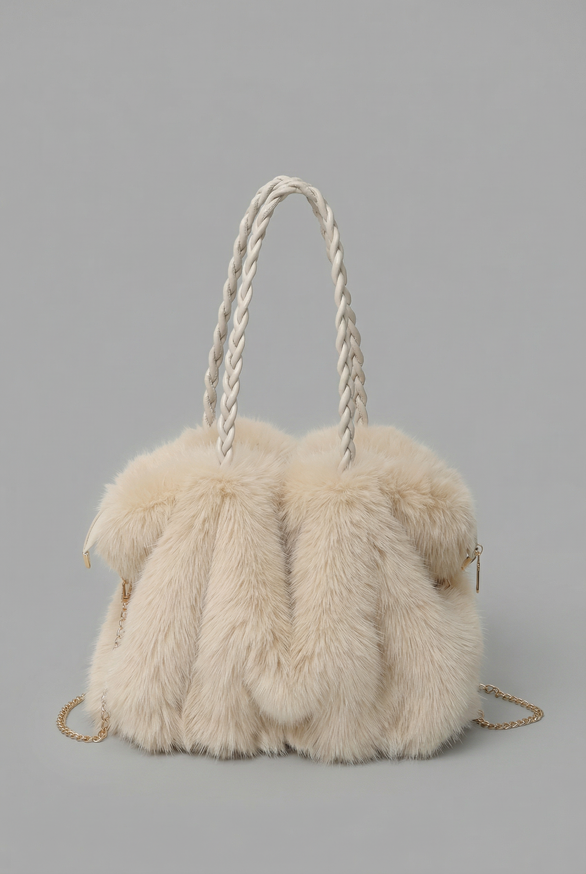 Women’s Plush Velvet Faux Fur Shoulder Bag with Braided Handle