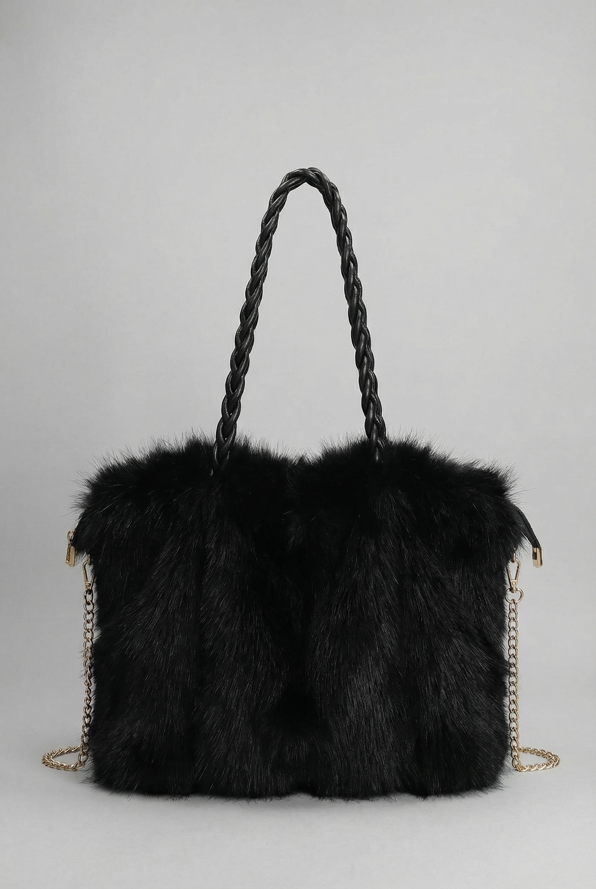 Women’s Plush Velvet Faux Fur Shoulder Bag with Braided Handle