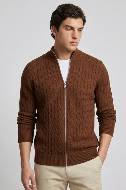 Cable Knit Wool Cardigan With Ribbed Cuffs Men