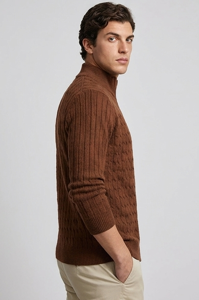 Cable Knit Wool Cardigan With Ribbed Cuffs Men