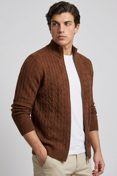 Cable Knit Wool Cardigan With Ribbed Cuffs Men
