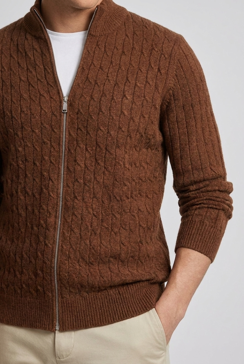 Cable Knit Wool Cardigan With Ribbed Cuffs Men