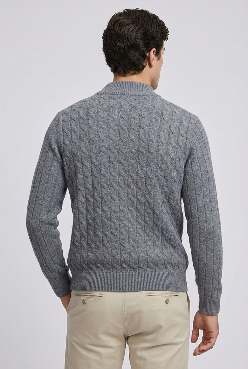 Cable Knit Wool Cardigan With Ribbed Cuffs Men