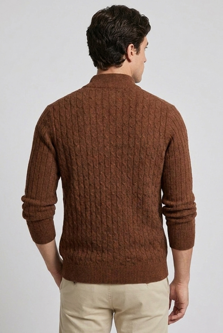 Cable Knit Wool Cardigan With Ribbed Cuffs Men