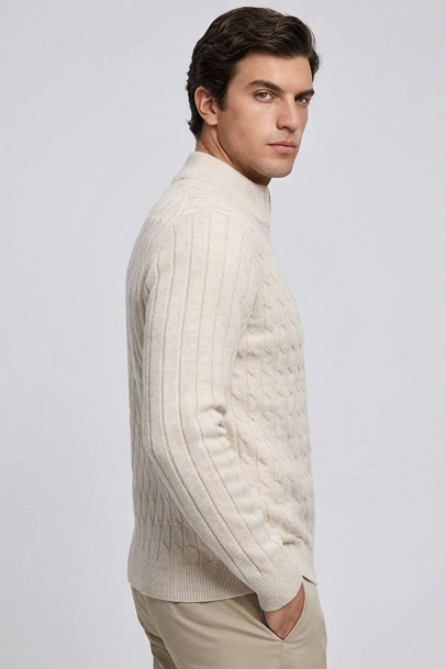 Cable Knit Wool Cardigan With Ribbed Cuffs Men