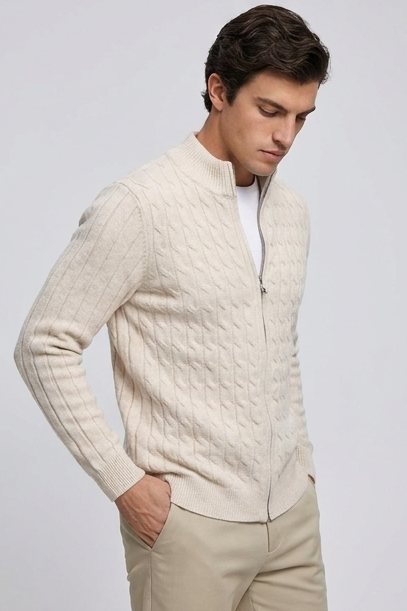 Cable Knit Wool Cardigan With Ribbed Cuffs Men