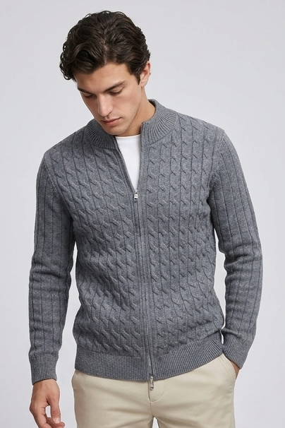 Cable Knit Wool Cardigan With Ribbed Cuffs Men