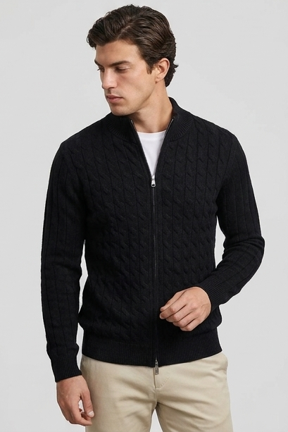 Cable Knit Wool Cardigan With Ribbed Cuffs Men
