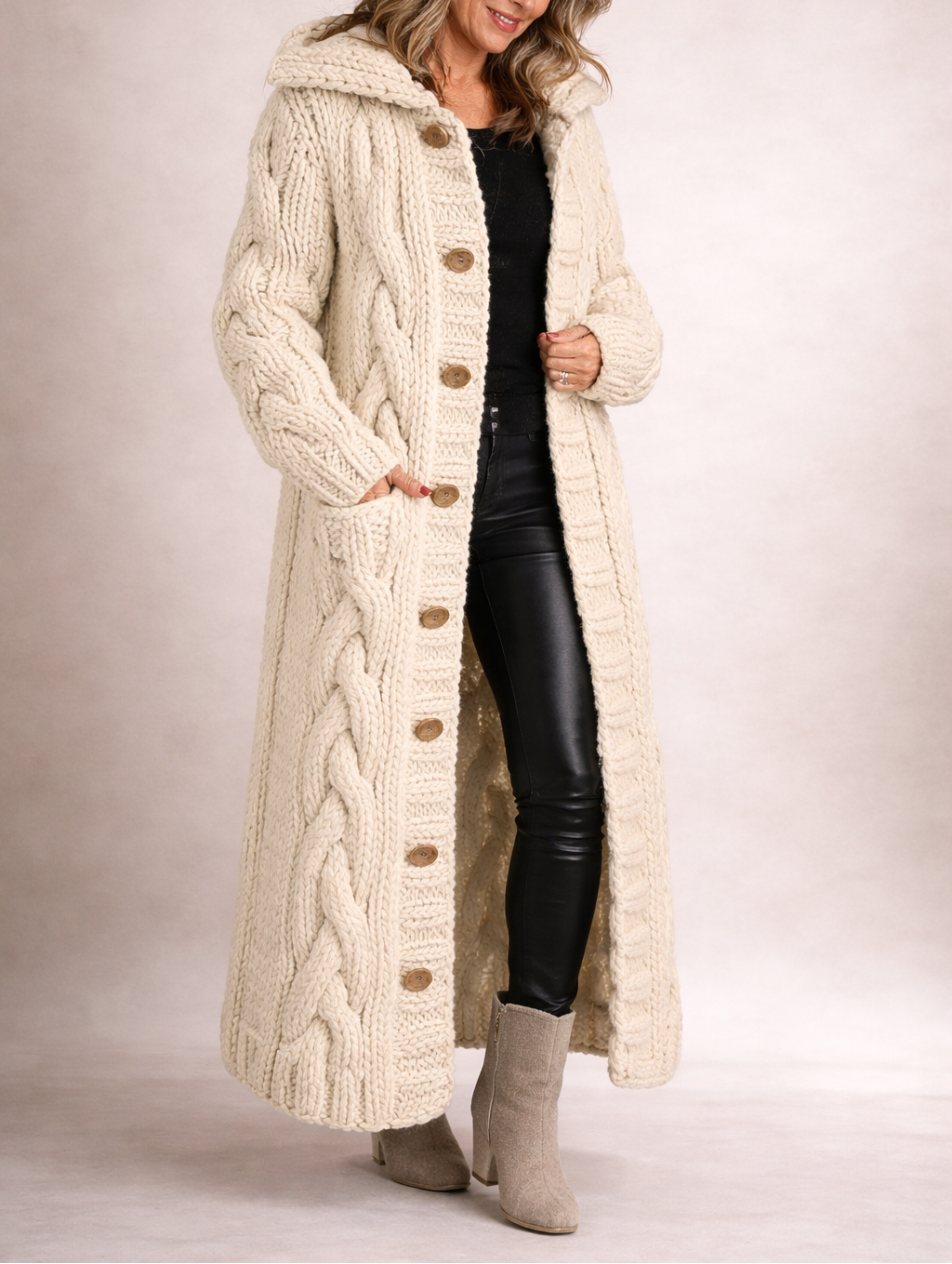 Oversized Cosy Cable Knit Longline Hooded Vest Women
