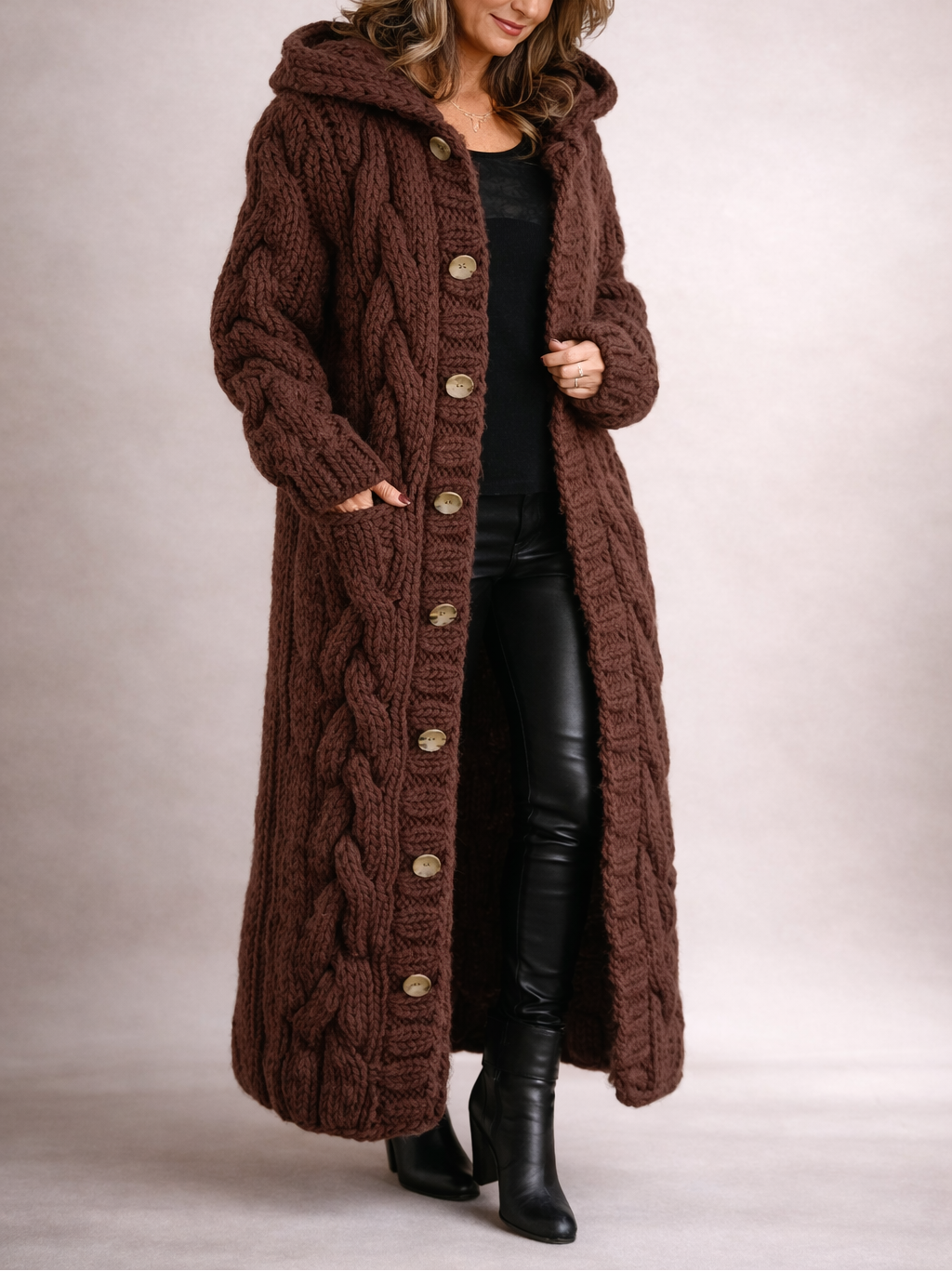 Oversized Cosy Cable Knit Longline Hooded Vest Women