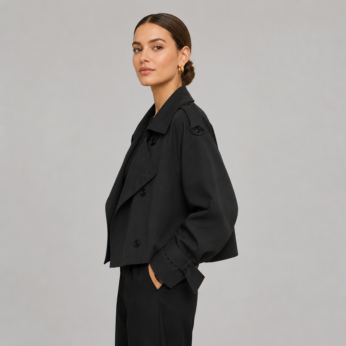 Cropped Oversized Notch Lapel Trench Coat Women