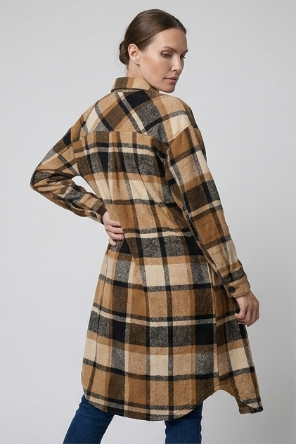 Longline Checked Coat With Front Pockets Women