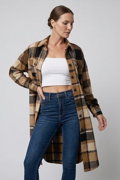 Longline Checked Coat With Front Pockets Women