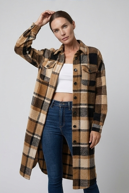 Longline Checked Coat With Front Pockets Women