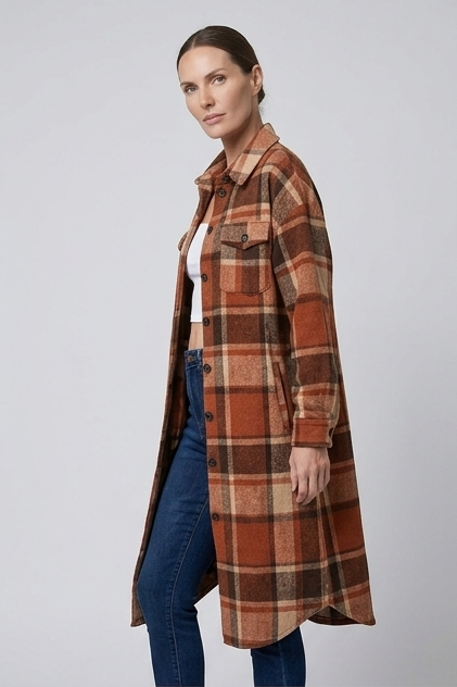 Longline Checked Coat With Front Pockets Women