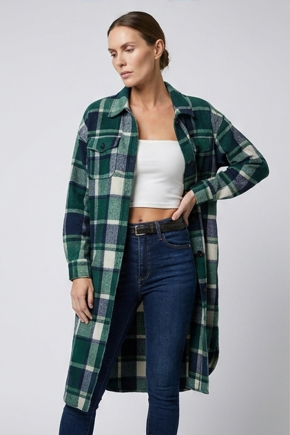 Longline Checked Coat With Front Pockets Women