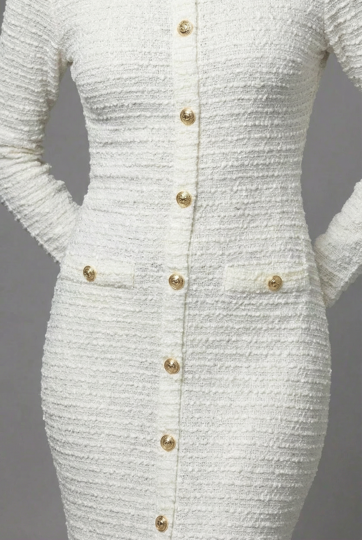 Women’s White Tailored Elegant Long Sleeve Button Front Midi Dress