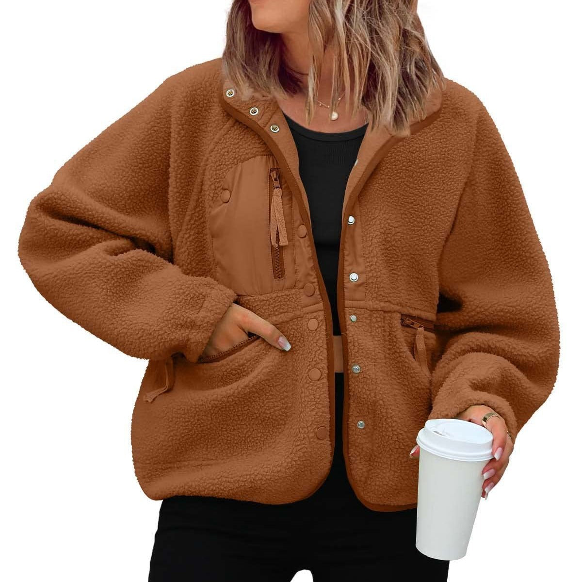Textured Fleece Style Relaxed Casual Jacket Women