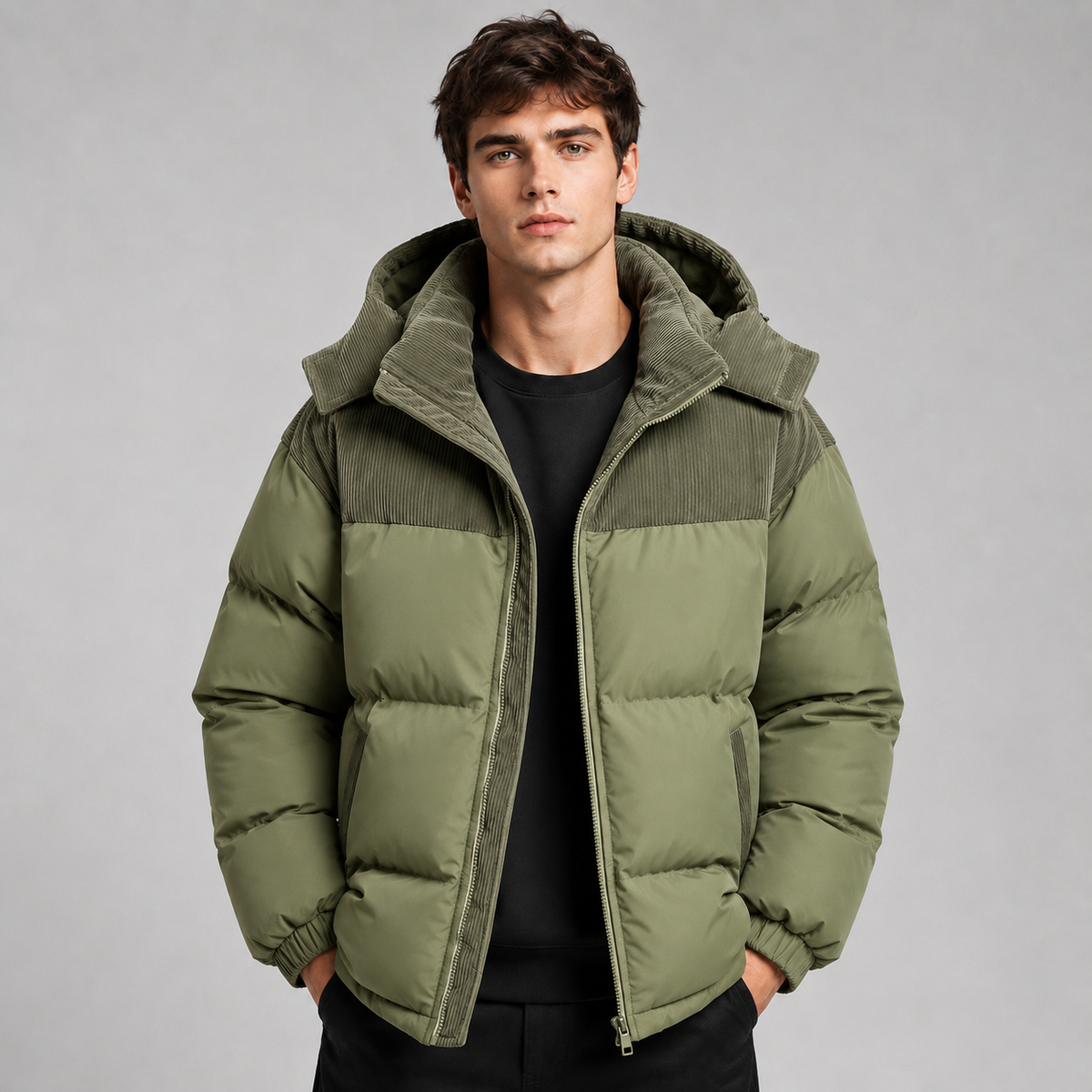Oversized Hooded Padded Full Zip Puffer Jacket Men