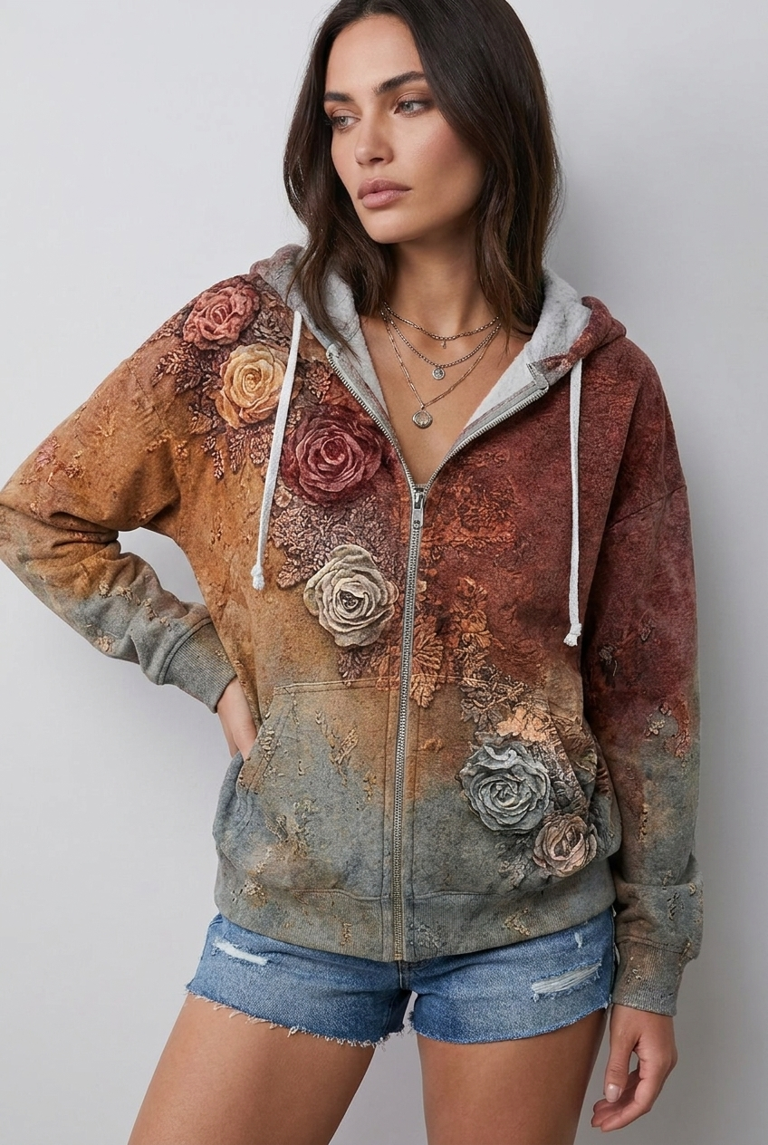 Relaxed Fit Nature Print Zip-Up Fleece Hoodie Women