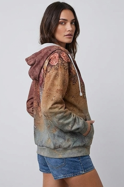 Relaxed Fit Nature Print Zip-Up Fleece Hoodie Women