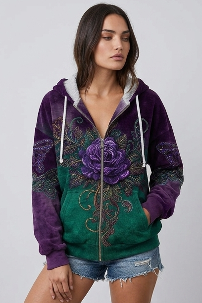 Relaxed Fit Nature Print Zip-Up Fleece Hoodie Women