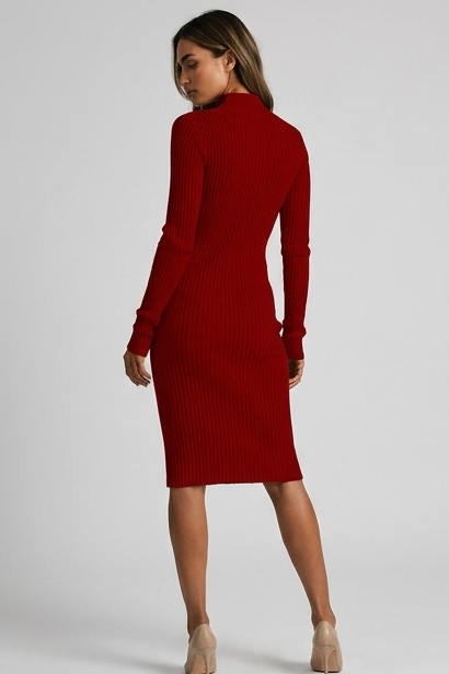 Ribbed Knit Style V-Neck Long Sleeve Midi Dress