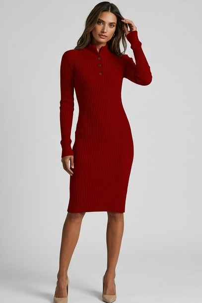 Ribbed Knit Style V-Neck Long Sleeve Midi Dress