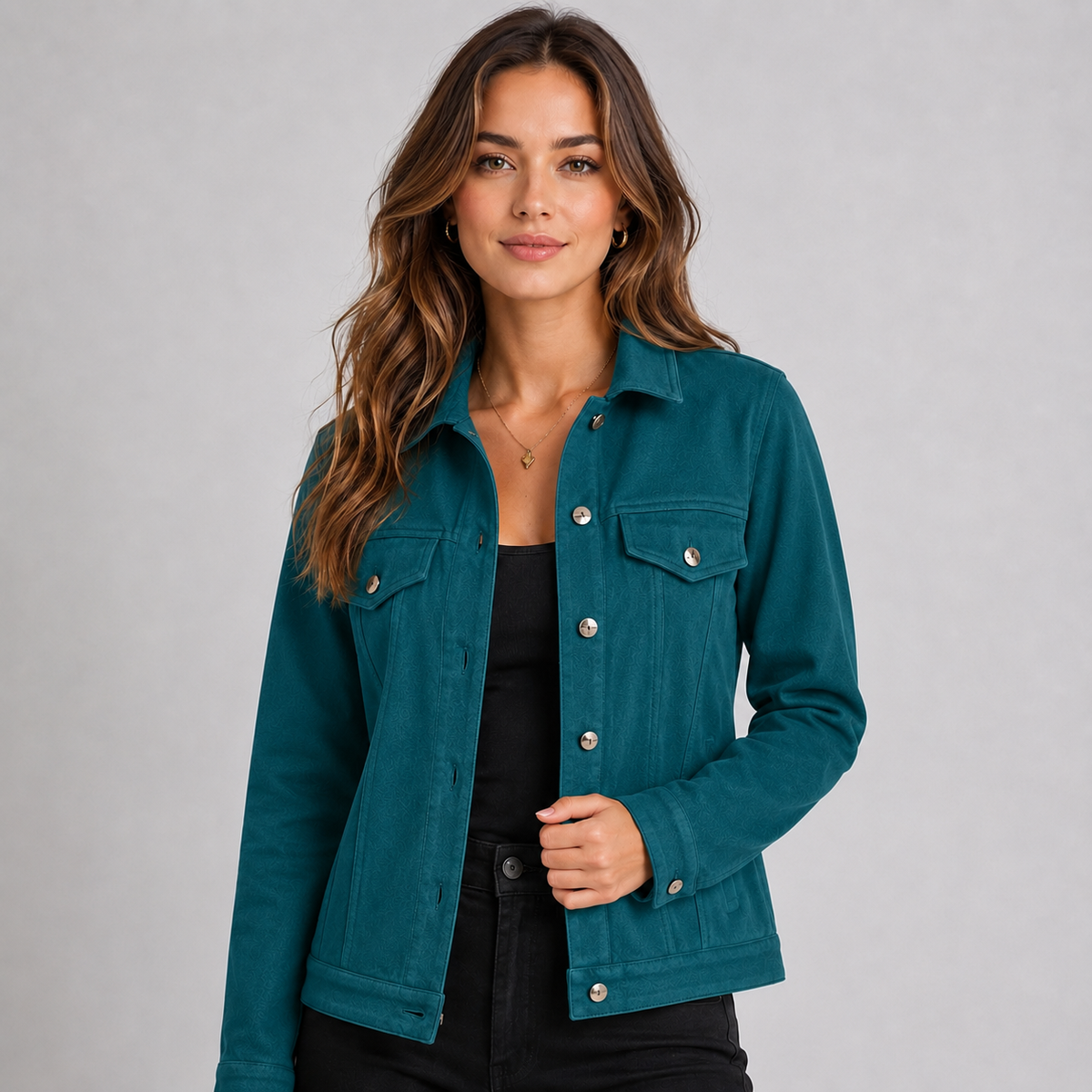 Denim Style Trucker Jacket With Chest Pockets Women