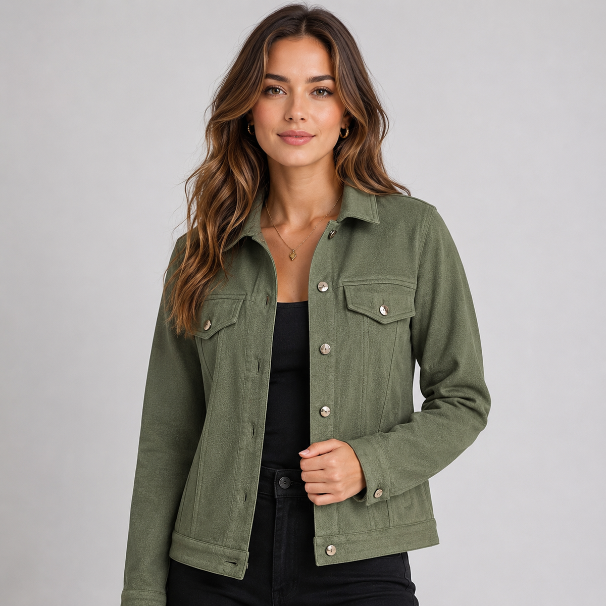 Denim Style Trucker Jacket With Chest Pockets Women