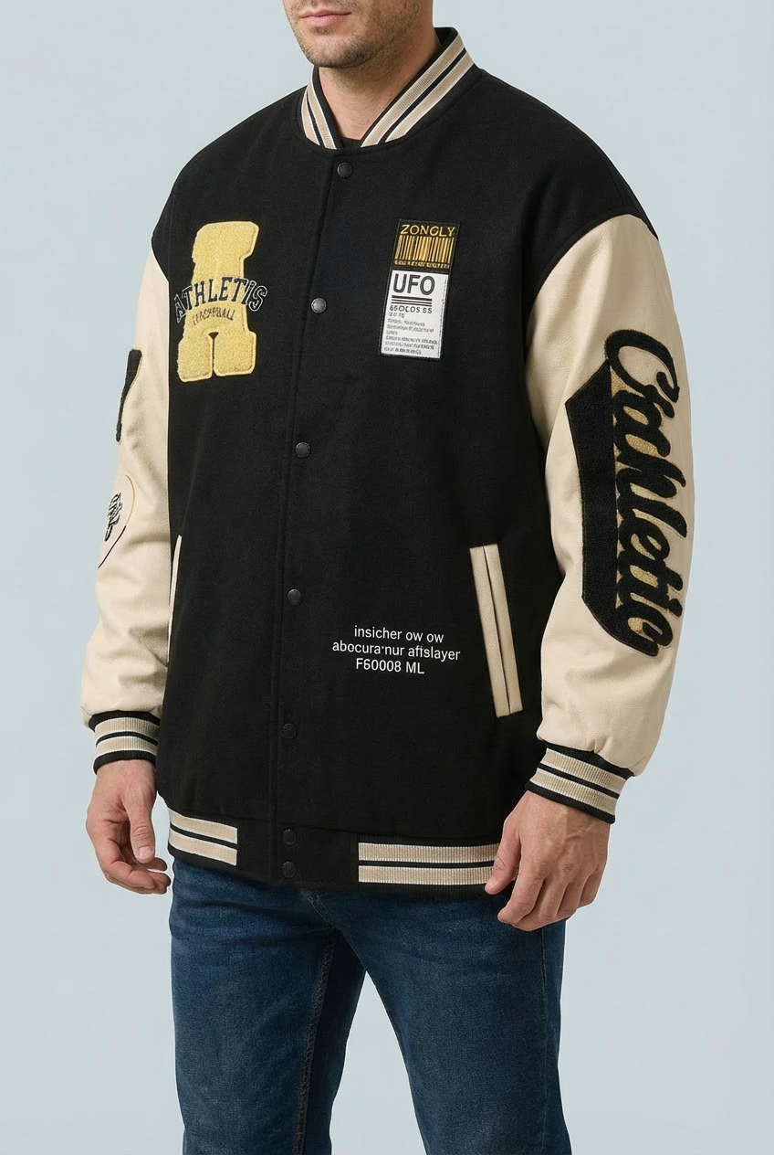 Men’s Vintage Varsity Jacket with Embroidered Patches