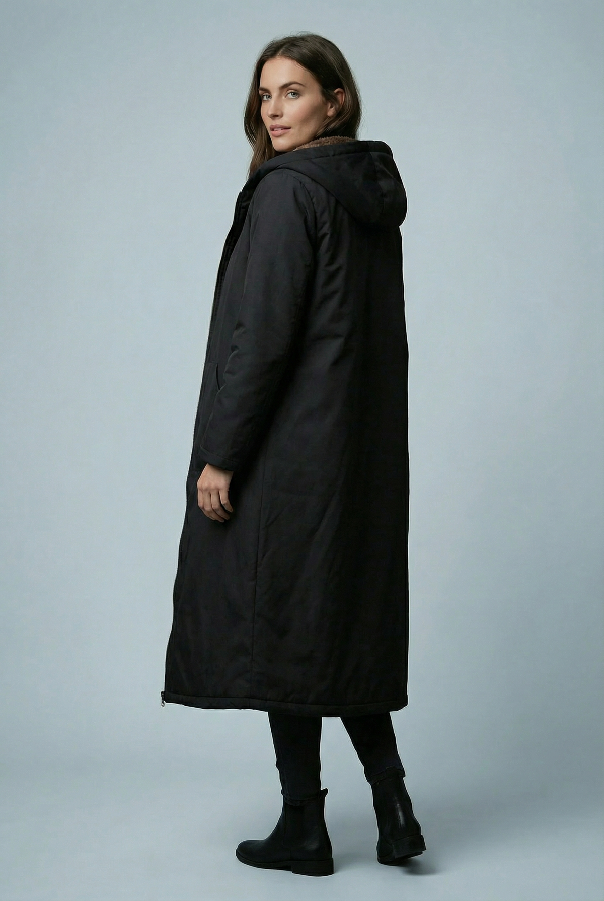 Women’s Elegant Black Plush-Lined Hooded Long Coat