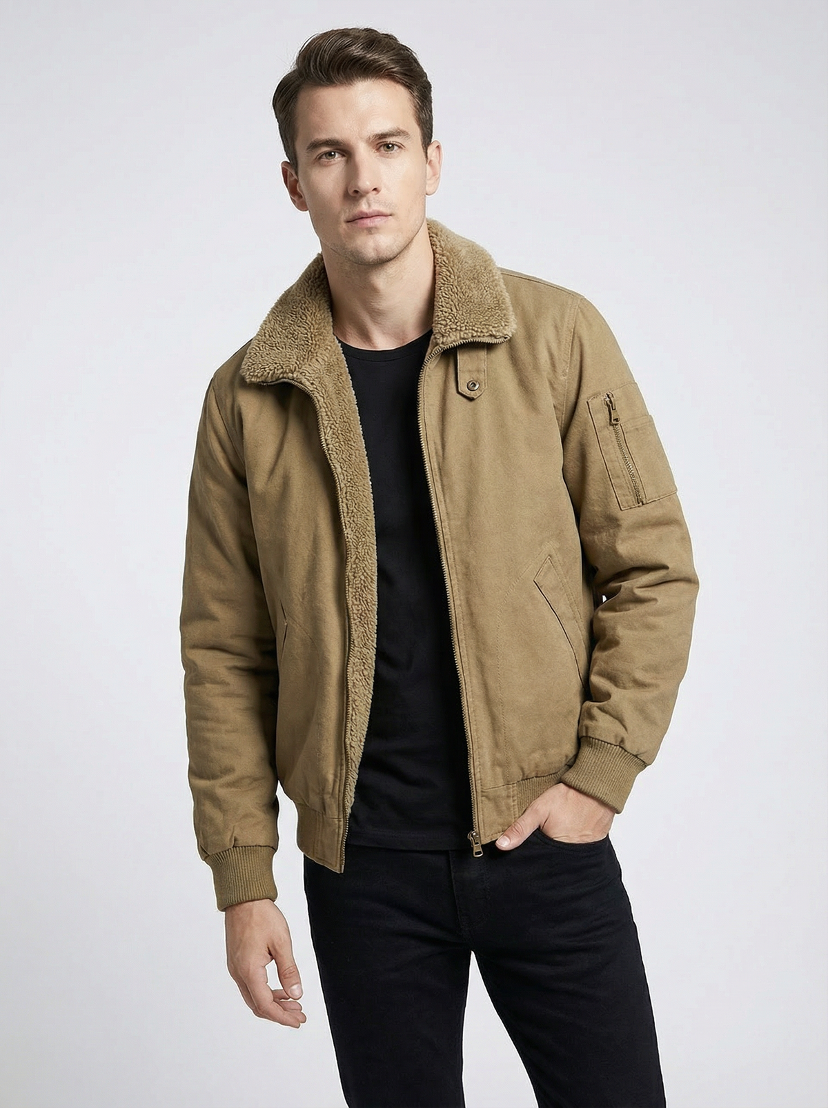 Men’s Tan Sherpa-Lined Warm Fleece Winter Jacket