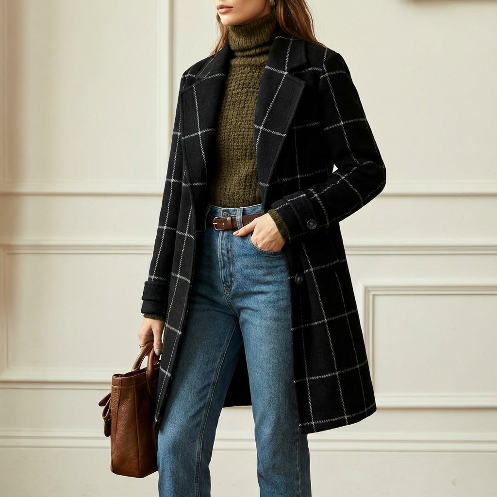 Check Print Tailored Wool Style Coat Women
