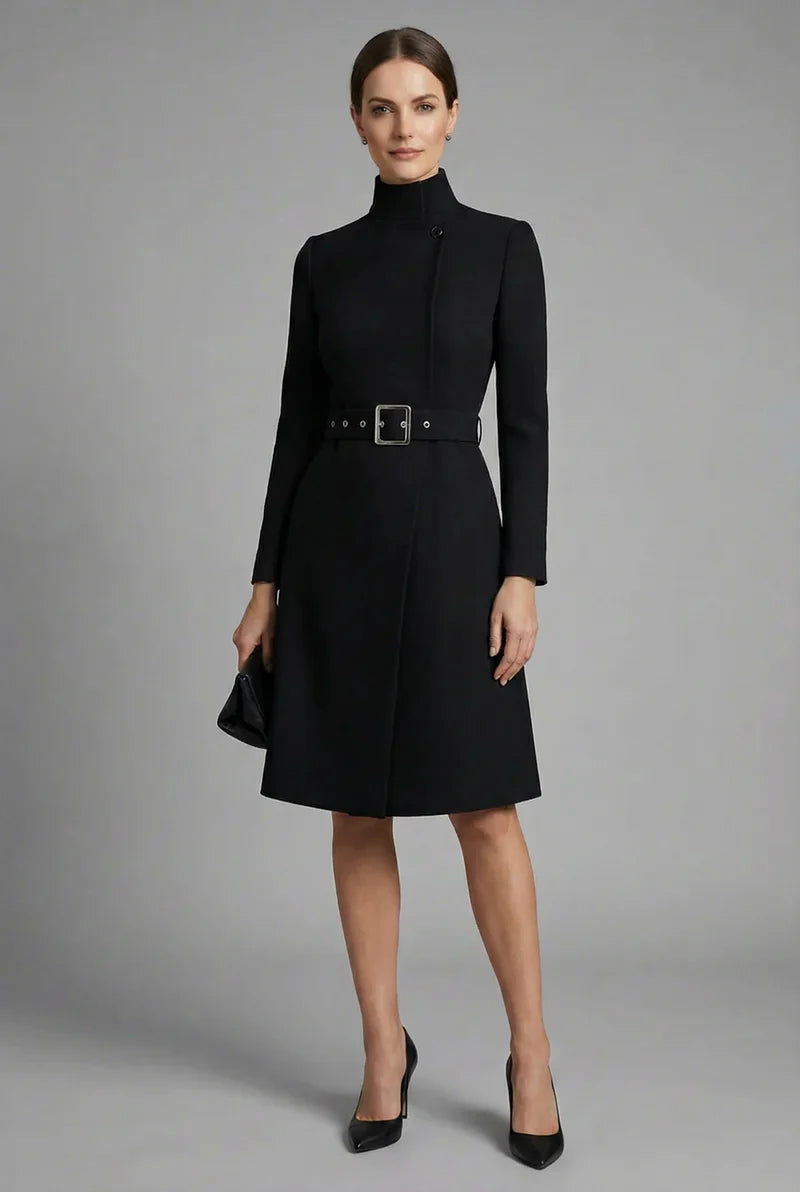 Women's Black High Neck Asymmetric Front Belted coat