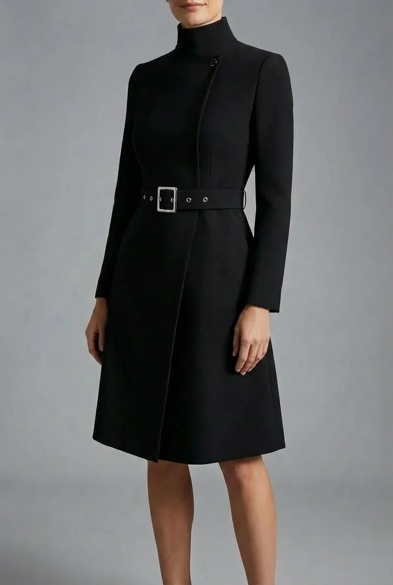 Women's Black High Neck Asymmetric Front Belted coat