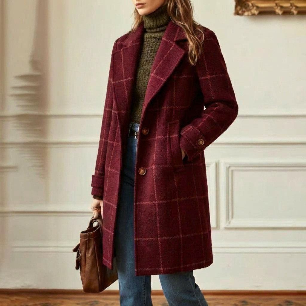 Check Print Tailored Wool Style Coat Women