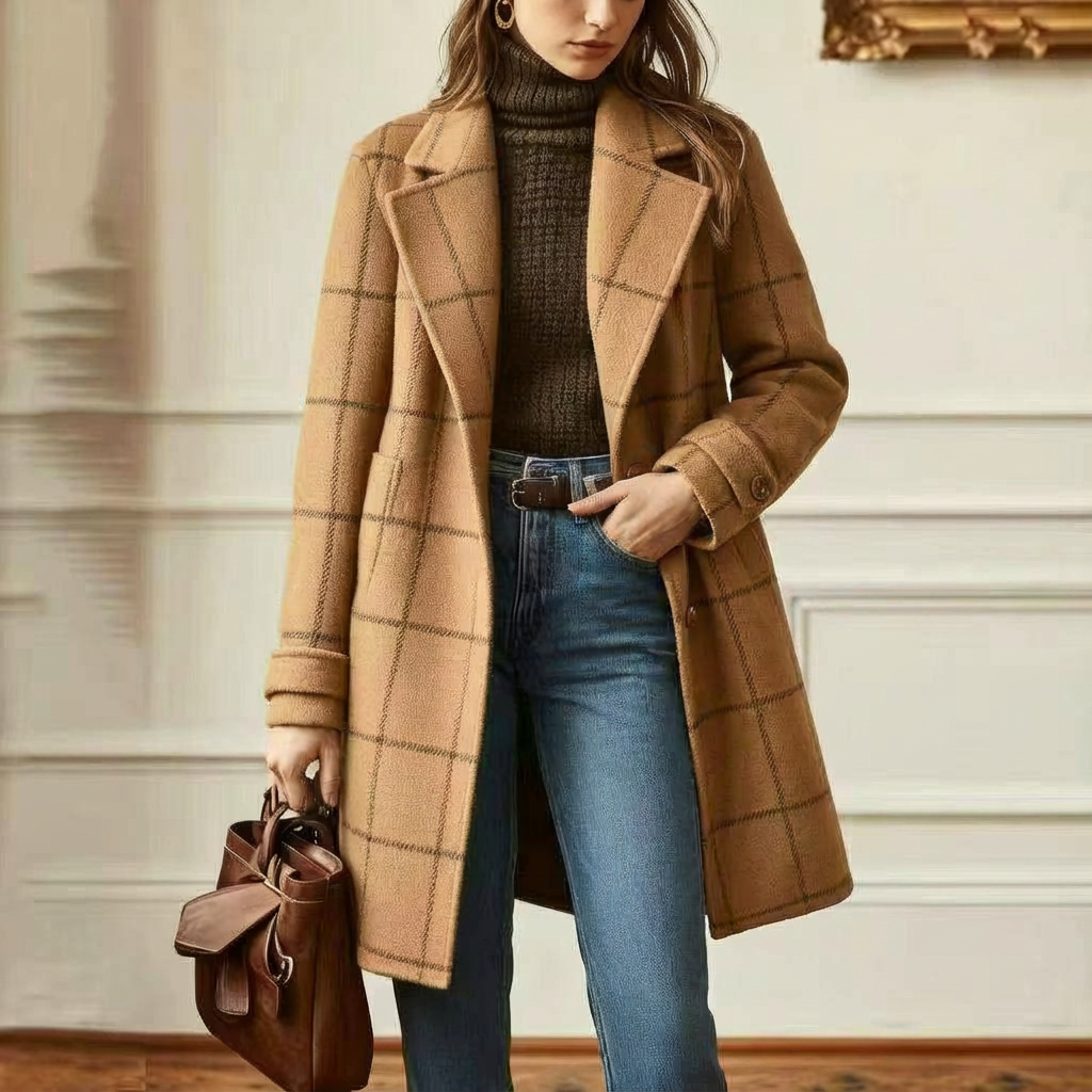 Check Print Tailored Wool Style Coat Women